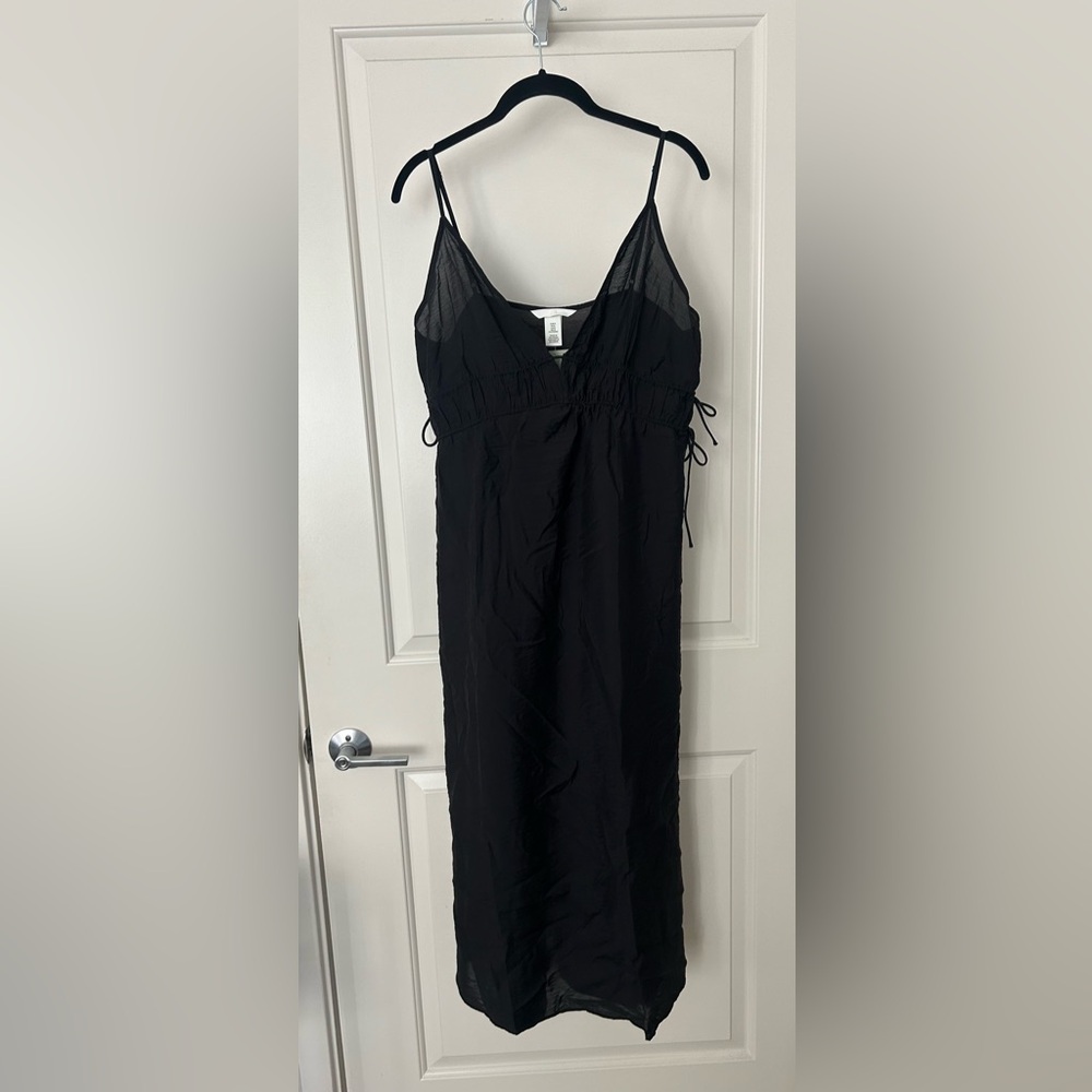 New black strappy maxi slip dress with tie detail